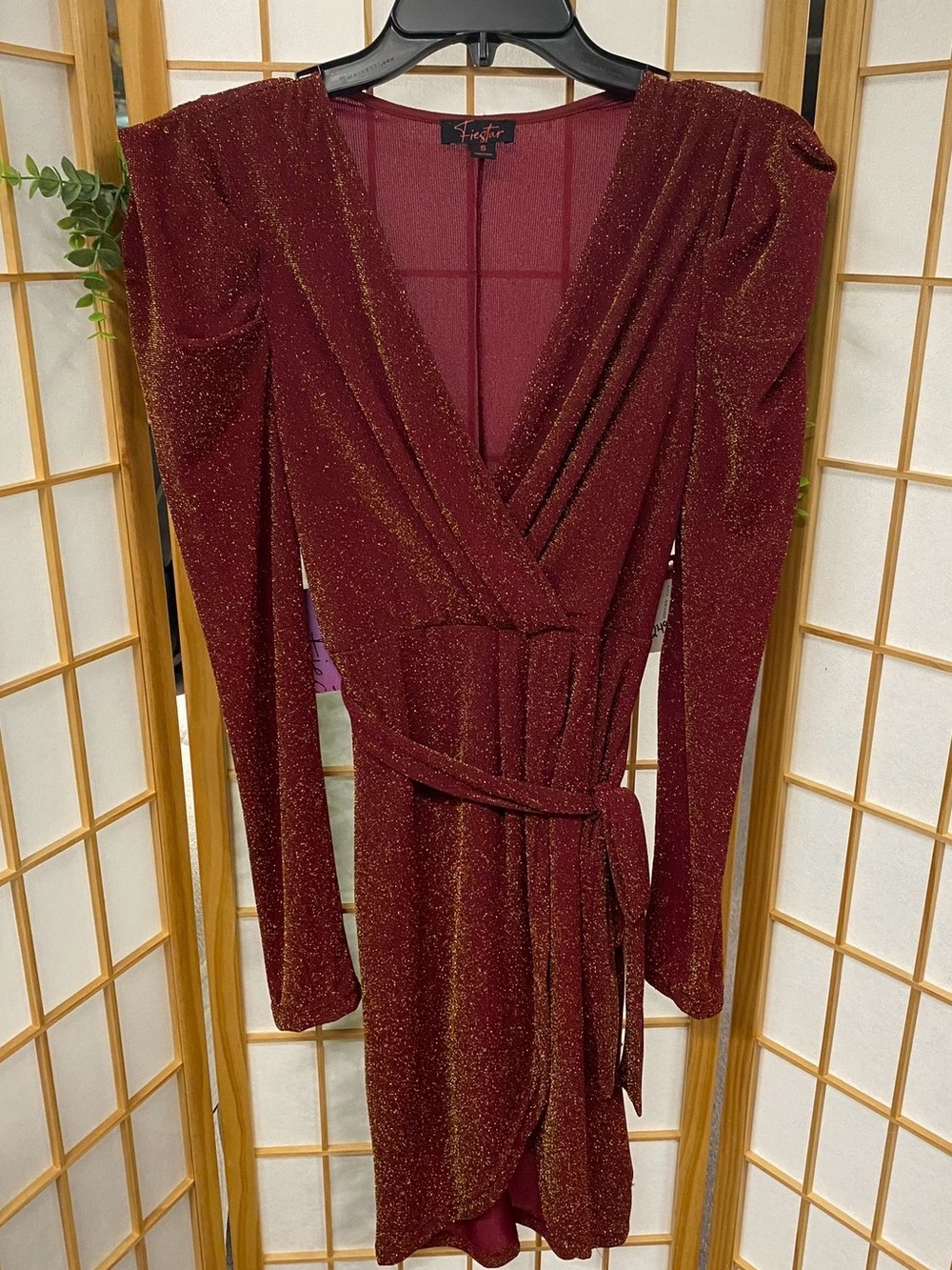 Fiesta Wine Glitter Wrap Dress with Gold Sparkle